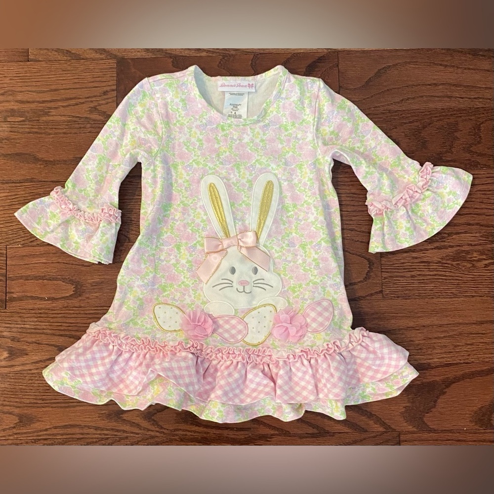 Bonnie Jean Easter Dress Tunic Sz 4 Pink Floral Gingham w/Bunny On Front